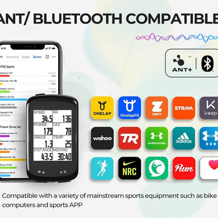 Smartphone and cycling computer with compatibility logos for various sports apps on a light background