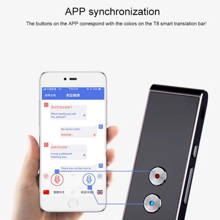 A hand holds a smartphone showing a messaging app screen, next to a black smart translation device with two round buttons labeled for red and blue. Text at the top reads 'APP synchronization' with a subtitle explaining the button color correspondence.