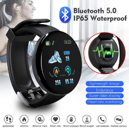 Smartwatch with Bluetooth 5.0 and IP65 waterproof features on a white background