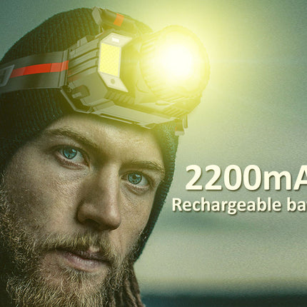 Person wearing a headlamp with a 2200mAh rechargeable battery label.