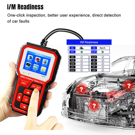 Car diagnostic tool with 'I/M Readiness' feature displayed on a screen, next to a car illustration with fault indicators.