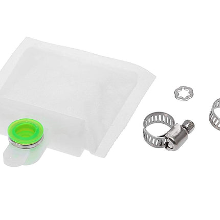 Set of plumbing tools including a green valve, white filter, and metal clamps on a white background