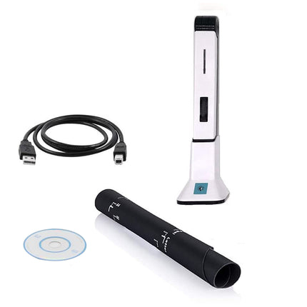 White handheld device with USB cable, black cylindrical object, and blue disc on a white background