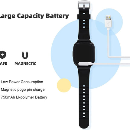 Black smartwatch with charging cable on a white background, highlighting large capacity battery features.