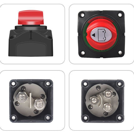 Four different views of a red and black mechanical switch on a white background