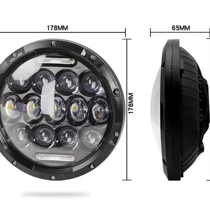 Measurement chart of a round vehicle headlight with dimensions labeled.