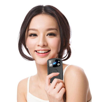 Woman holding a smartphone with a white background