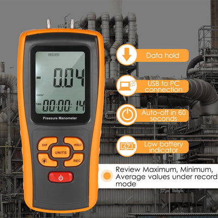 Digital pressure meter with features highlighted against an industrial background