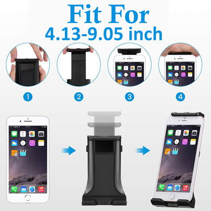 Phone holder with compatibility range for 4.13-9.05 inch phones on a white background