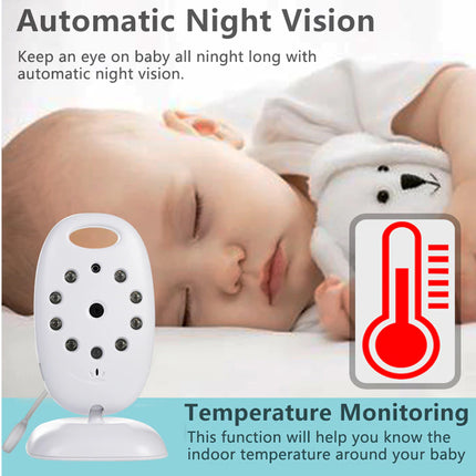 Baby monitor with night vision and temperature monitoring features, displayed on a white background.