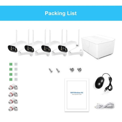 Packing list of a security camera system with components on a white background