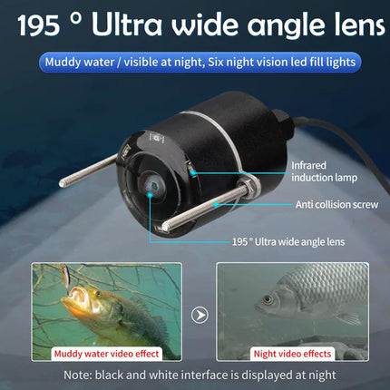 Underwater camera lens with features highlighted on a blue gradient background
