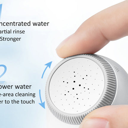 Close-up of a handheld cylindrical cleaning device with a finger pressing down on the top surface, with instructional text describing concentrated water and shower water for cleaning.