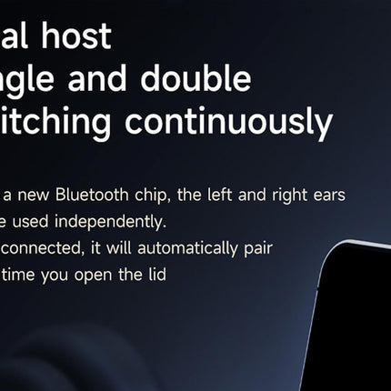 Promotional graphic with white text on a dark blue background describing Bluetooth dual-host functionality, with part of a black smartphone shown in the lower right corner.
