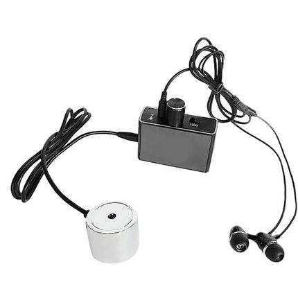 Electrical components including a white cylindrical device, black box with wires, and earbud on a white background