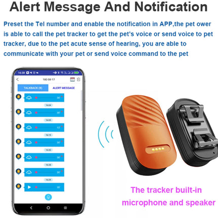 Pet tracker with smartphone app interface showing alert message and notification features on a white background.