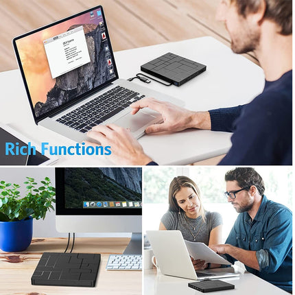 A collage showing a black rectangular wireless keyboard and mouse pad set in use around laptops and desktop computers, with people working at desks and the text 'Rich Functions' overlaid on the top panel.