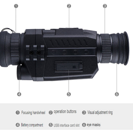 Black night vision device with labeled parts on a white background