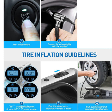 A multi-step instructional graphic titled 'TIRE INFLATION GUIDELINES' showing six numbered steps: starting the car engine, connecting the air hose, and using a digital tire pressure gauge to inflate a tire. The layout features blue step headers and footers on a white background.
