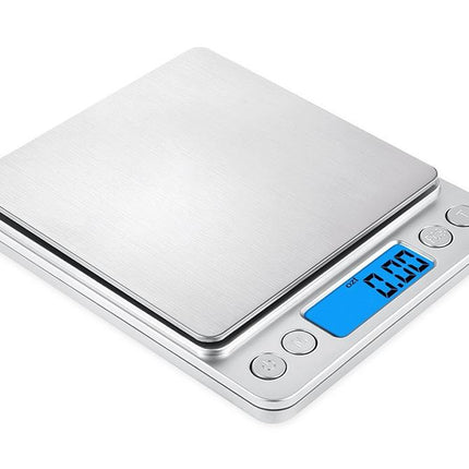 Digital pocket scale with a blue display on a white background