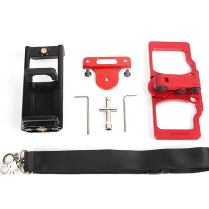 A camera strap mounting kit laid out on a white background, including a black strap, a black clamp, a red bracket, a red mounting plate, two silver Allen wrenches, and a central metal pin.
