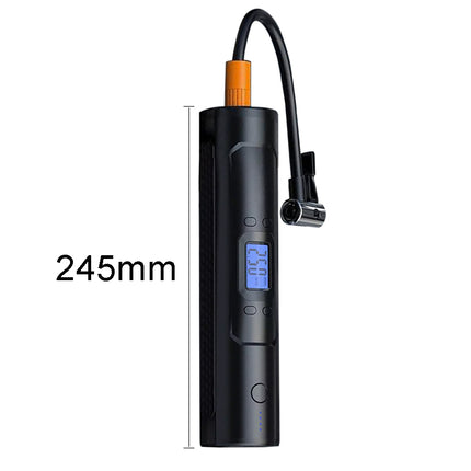 A black electric air pump with a digital display screen and an orange top cap, shown with a black hose and a dimension label indicating 245mm.