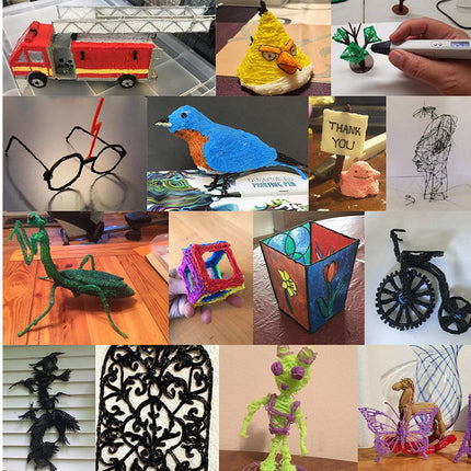 A collage of 15 different 3D-printed and craft projects shown in a grid, including a toy fire truck, a bird sculpture, glasses, a praying mantis, and other colorful handmade items.