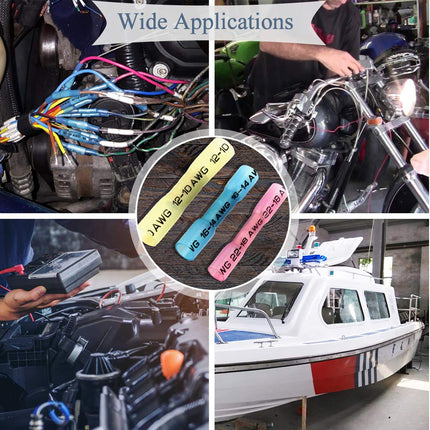 A collage showing the product in use across multiple applications: wiring harnesses on a motorcycle engine, a person working on a motorcycle, a circular inset of four colored name tapes, a person testing a marine device, and a white boat with red stripes. The top banner reads 'Wide Applications.