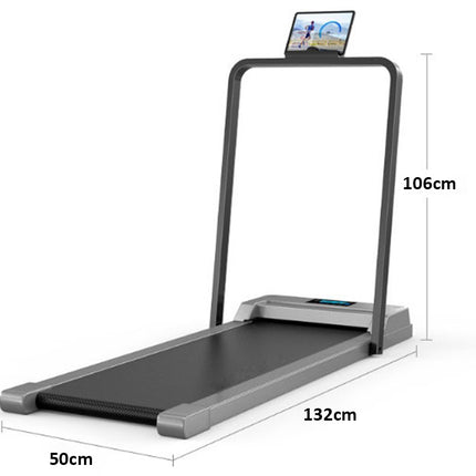 Treadmill with dimensions labeled on a white background