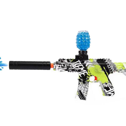 Colorful toy blaster with a blue tip on a white background