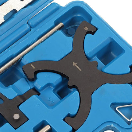 Mechanical tool set with black metal components on a blue tool case.