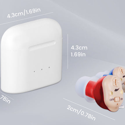 Measurement chart showing the size of a white device and two red and beige ear devices on a gray background.