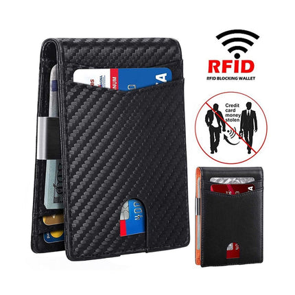 Carbon fiber texture wallet with card slots, inset showing RFID protection feature.
