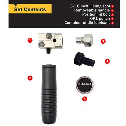 Set of flaring tool components with labels on a white background