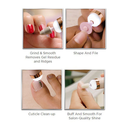 Nail care tool with steps for grinding, smoothing, shaping, filing, cleaning cuticles, and buffing nails.