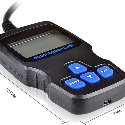 Black OBDII/EODDI/ECM diagnostic scanner with blue buttons, shown with dimension lines indicating 125mm length, 10mm width, 22mm height, and a cable connector.