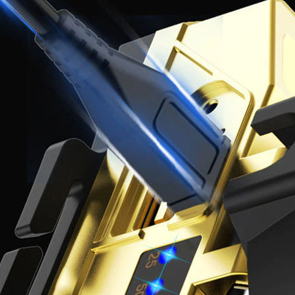 Close-up of a blue USB cable being plugged into a gold electronic device with digital display.