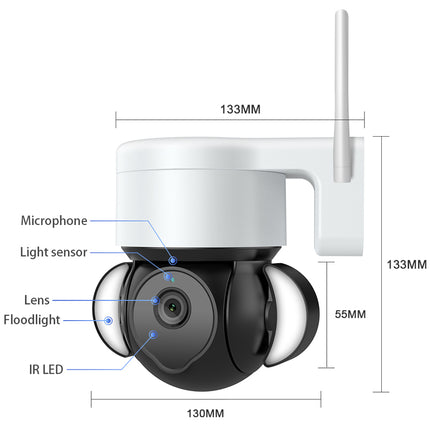 A white and black wireless security camera with an antenna, shown with dimension labels and callouts for microphone, light sensor, lens, floodlight, and IR LED on a light gray background.