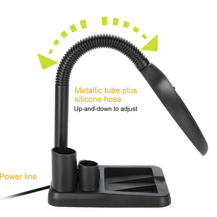 Black adjustable lamp with metallic tube and silicone hose on a white background