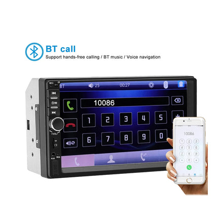 A 7-inch car stereo head unit with a touchscreen display, shown alongside a hand holding a smartphone displaying a BT call interface. The image includes a 'BT call' feature graphic at the top.