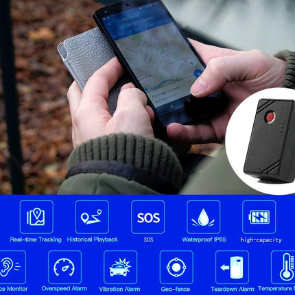 Person holding a smartphone with a GPS device, showing app interface and device details.