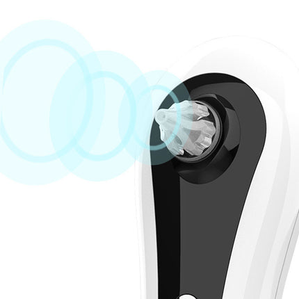 Close-up of a black and white electronic device with a blue light effect on a white background