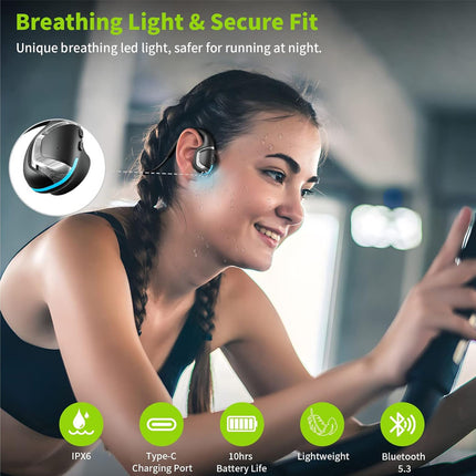 A woman in a gym wearing a wireless earbud-style breathing light device, with marketing text at the top and feature icons at the bottom. The product is shown in use on a person, so this is Lifestyle rather than Product/Packaging.