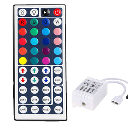 Colorful LED remote control with buttons and a power indicator, next to a white electronic component on a white background.