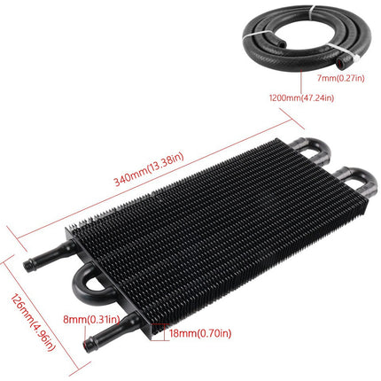 Black heat exchanger with dimensions labeled on a white background