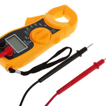 Orange digital multimeter with probes on a white background