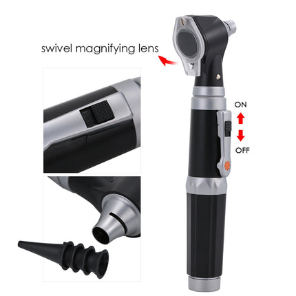 A handheld otoscope-style medical tool shown on a white background with callout text and inset detail photos. The main product is black and silver with a swivel magnifying lens, an ON/OFF switch, and a detachable black ear tip.