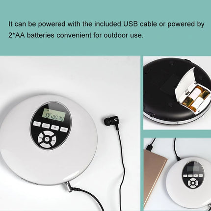 A white circular electronic device with a digital display and black control buttons, shown with a black USB cable and two inset views demonstrating charging or connection. Text at the top explains it can be powered by a USB cable or 2*AA batteries.