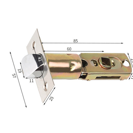 A brass and silver metal latch bolt with dimension annotations showing measurements of 85, 60, 25, 11, 19, 44, and 57 on a plain white background.