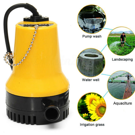 Yellow and black submersible pump with applications listed on a white background